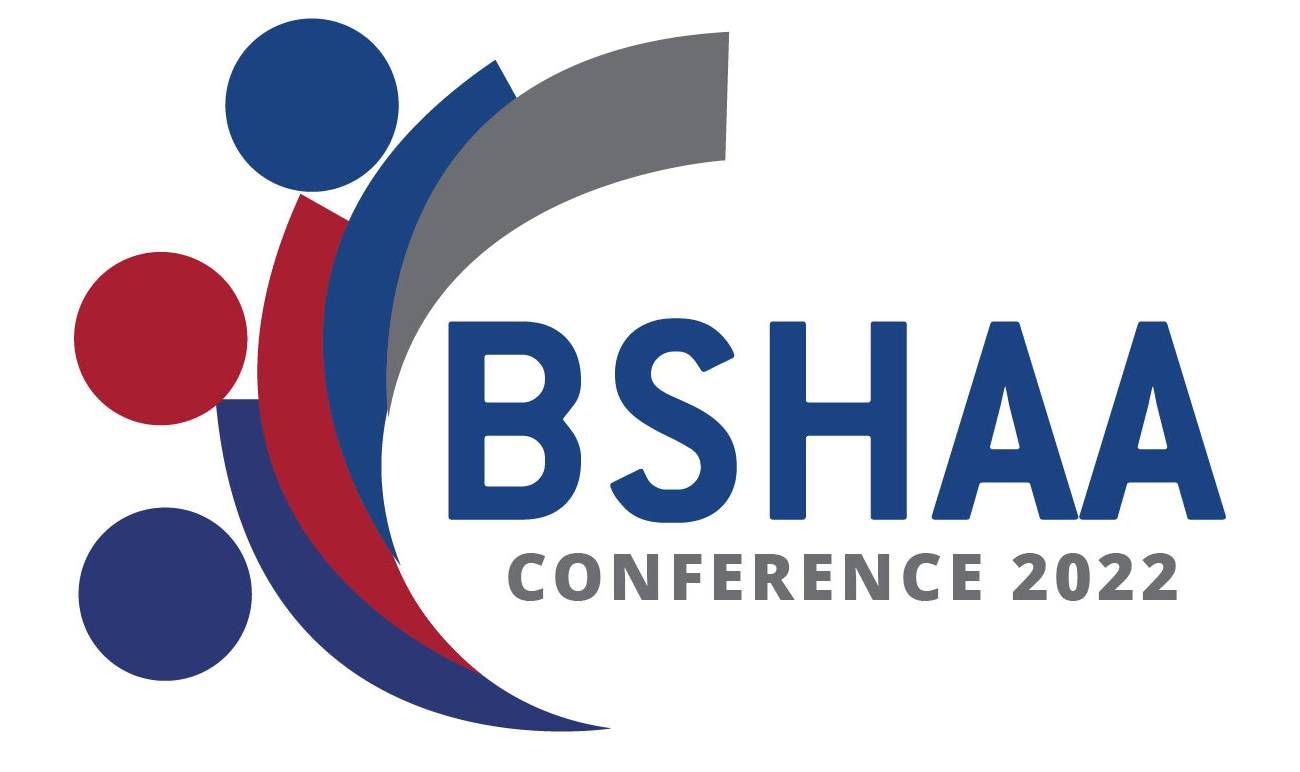 The logo for the bshaa conference 2022 is blue , red , and gray.