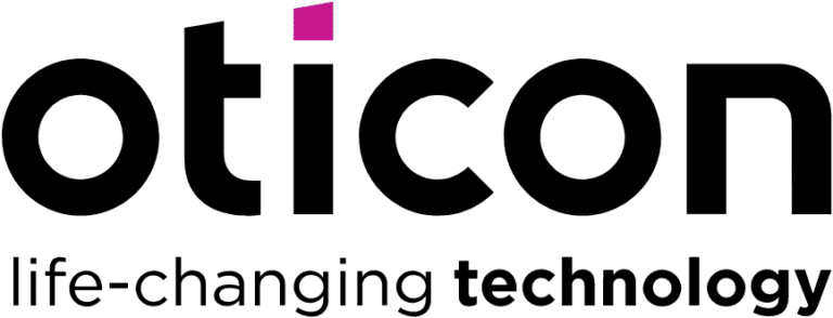 The logo for oticon life-changing technology is black and pink.