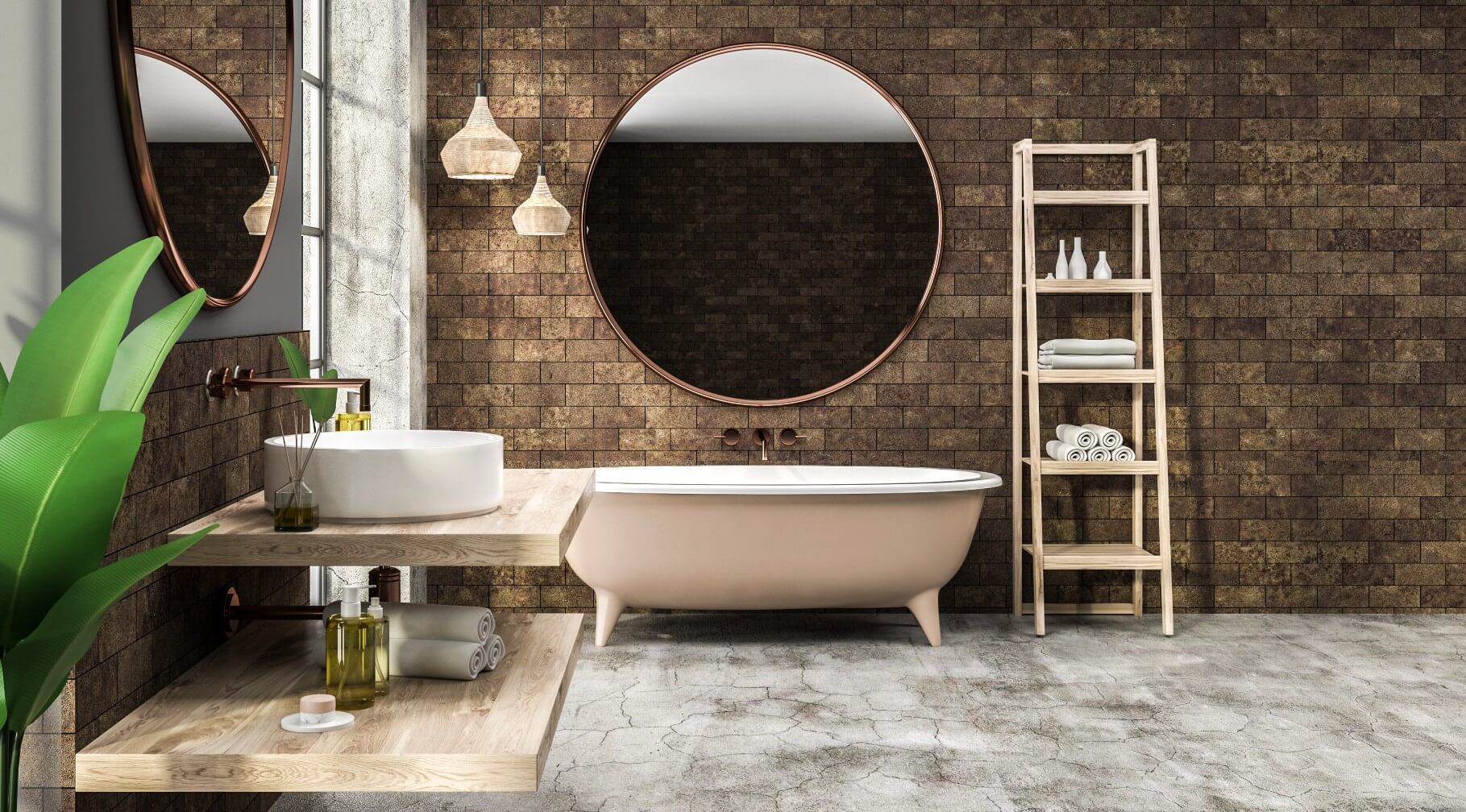 Beautiful and elegant bathroom with concrete flooring