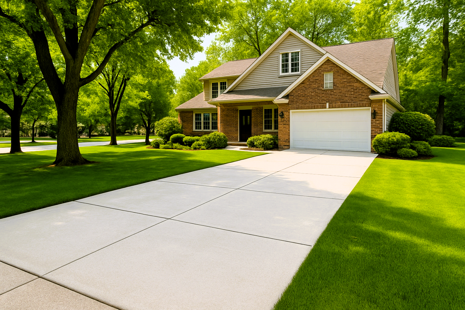 Two-story brick house with clean concrete driveway and green lawn