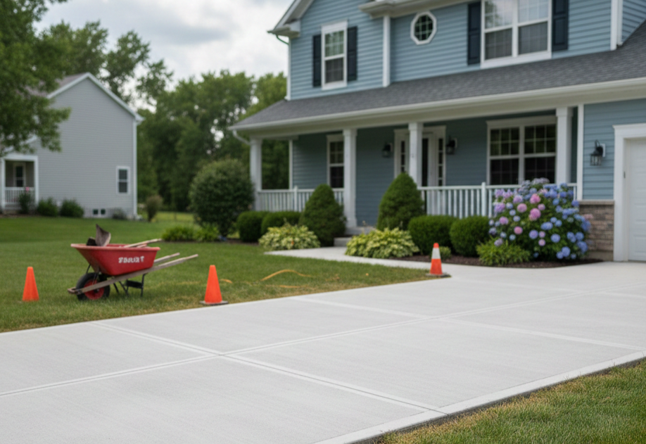 Newly poured concrete driveway in front of a blue two-story home
