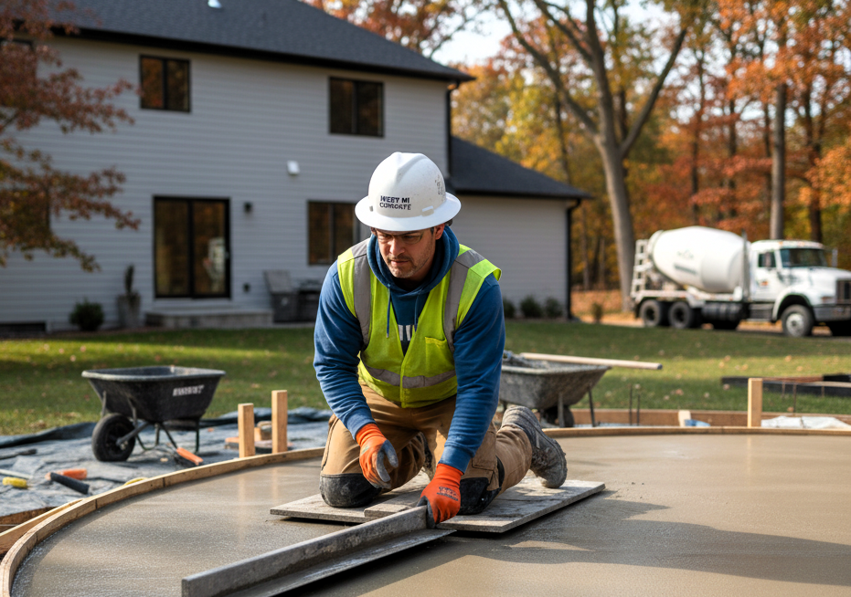 Concrete contractor finishing a new patio in Holland, MI