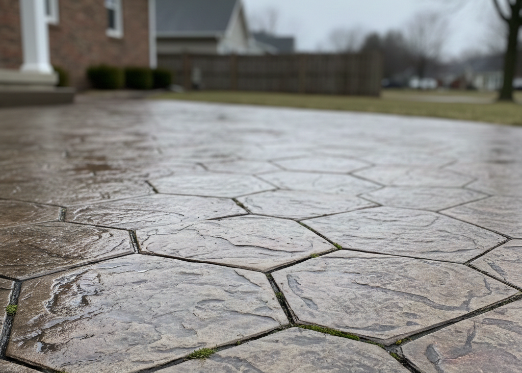 Wet hexagonal stamped concrete patio surface