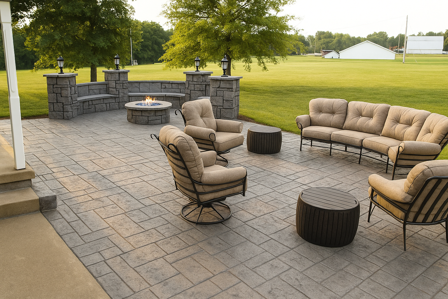 Cozy stamped concrete patio with fire pit and cushioned seating