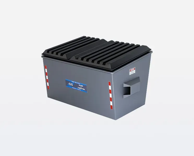 Gray dumpster with black lid, handle, and red and white reflective stripes.