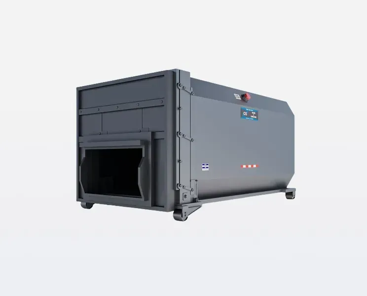 Gray waste compactor on wheels with an open loading area.