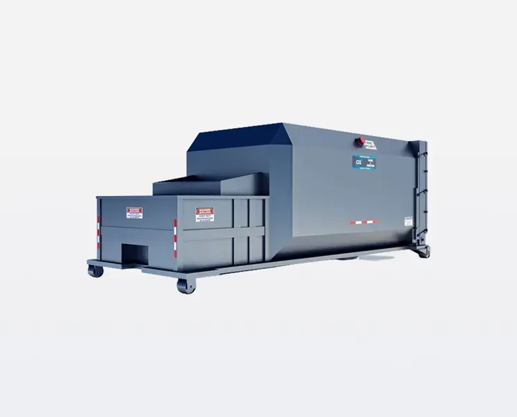 Gray commercial trash compactor on wheels.