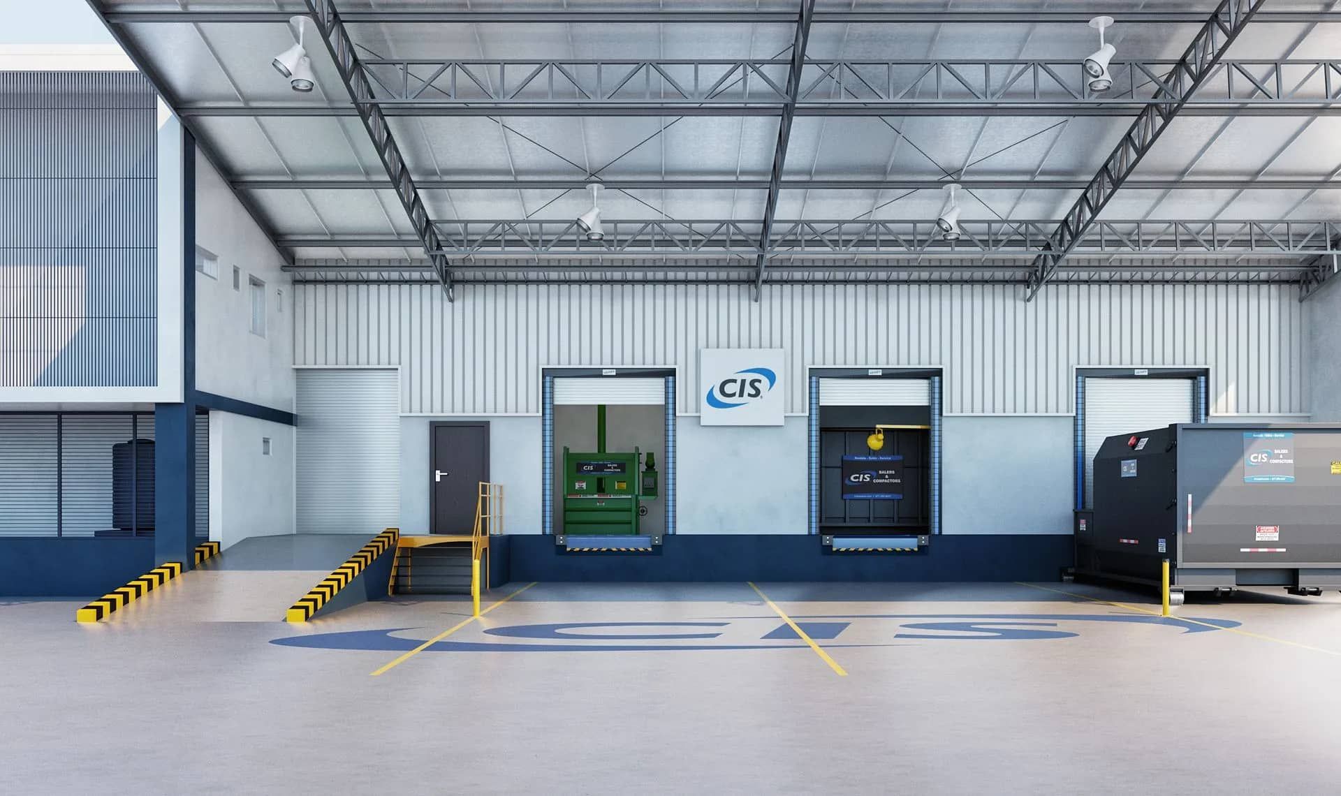 Loading dock exterior with three bays, a ramp, and cargo lifts. 