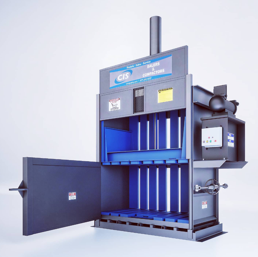 Industrial waste compactor with open door; blue interior, silver and black exterior, control panel on the right.