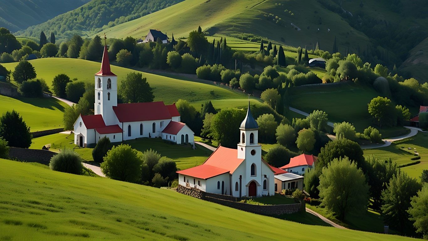 Two white churches with red roofs sit on a hillside with green grass and trees.
