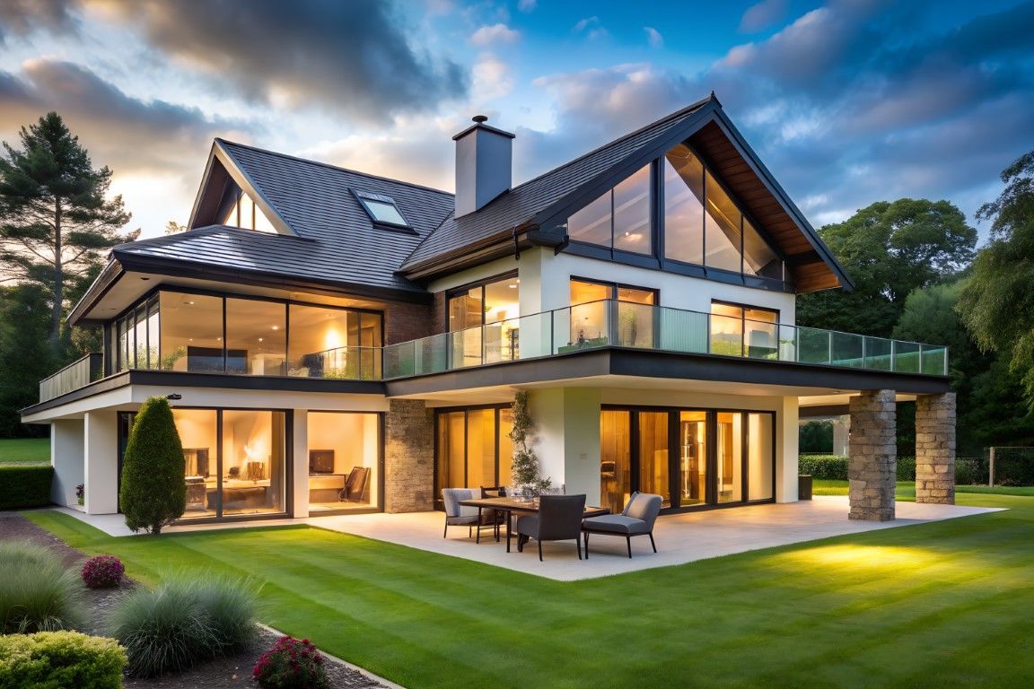 Modern two-story house with glass walls, a balcony, and a large yard, illuminated at dusk.