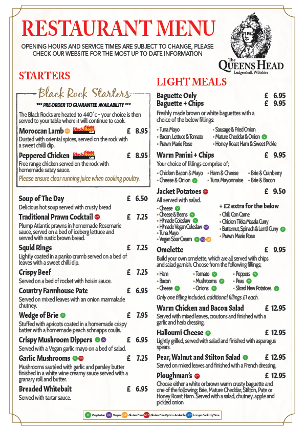 The Queens Head Restaurant Menu Steakhouse Black Rock Grill