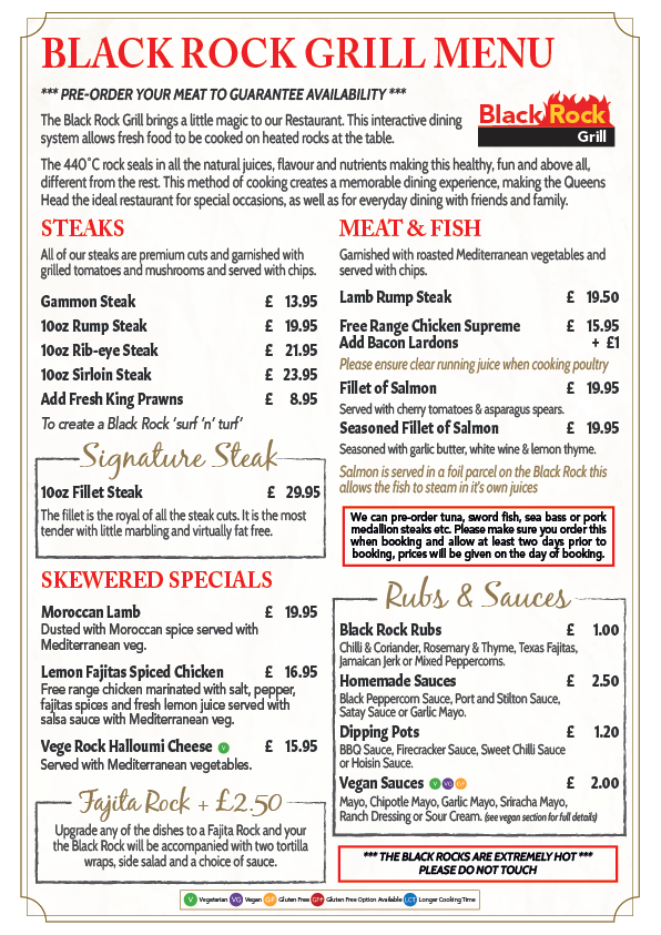 The Queens Head Restaurant Menu Steakhouse Black Rock Grill