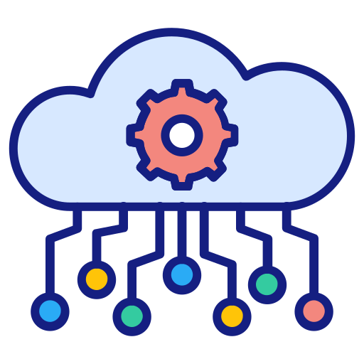 Cloud with gear and connecting circuits to colored spheres for Reboot IT