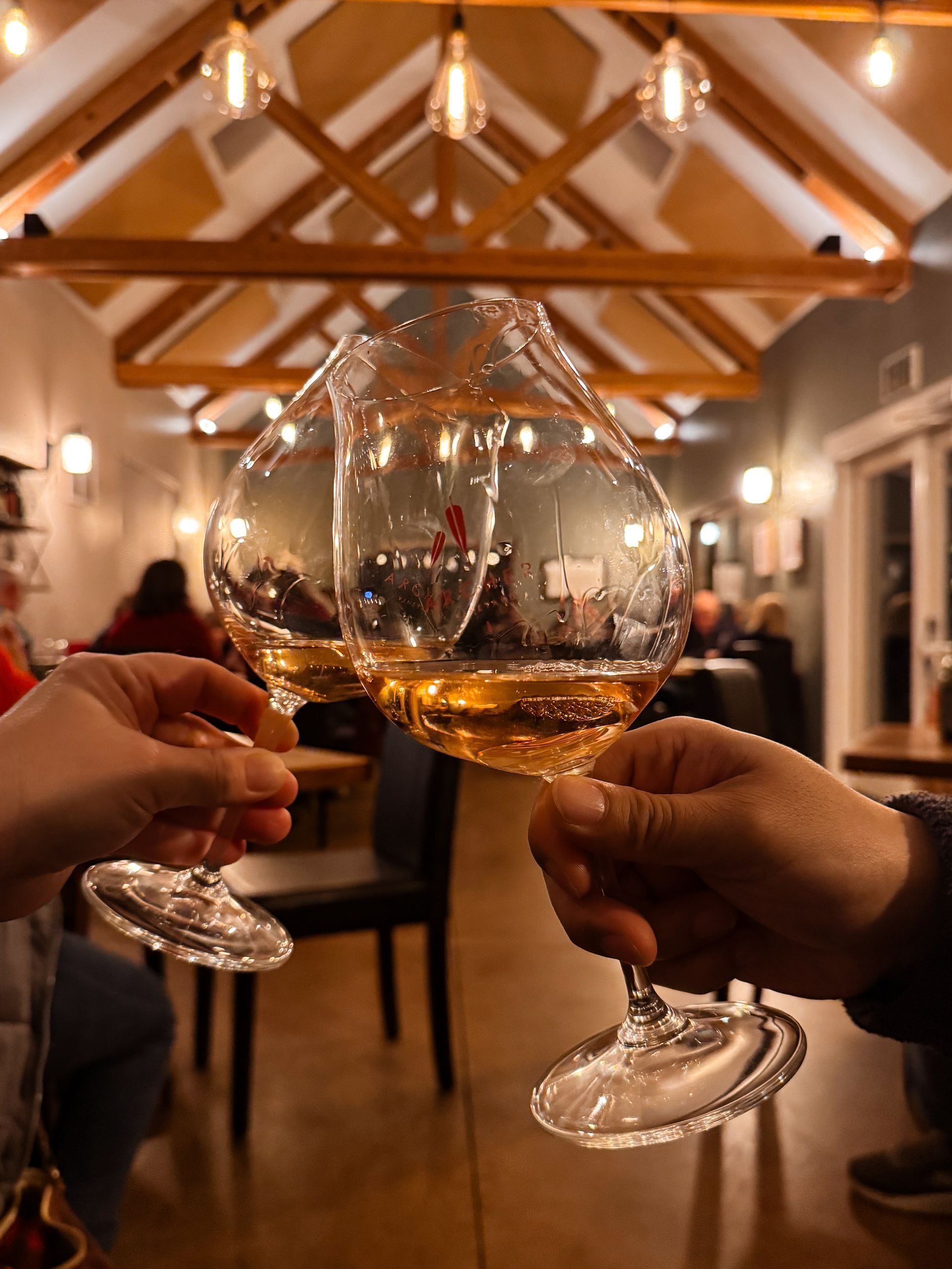 A bride and groom are walking through a vineyard holding hands.