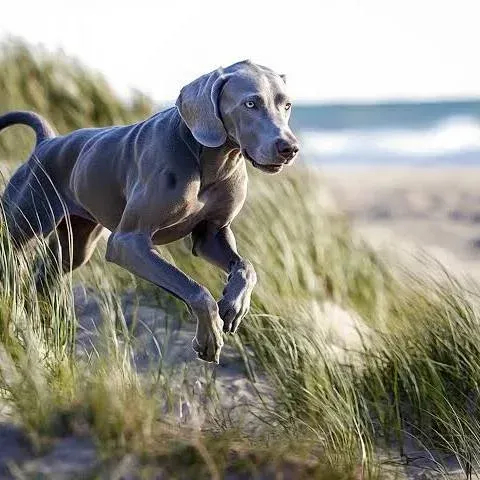 A gray dog is running through tall grass on a beach.