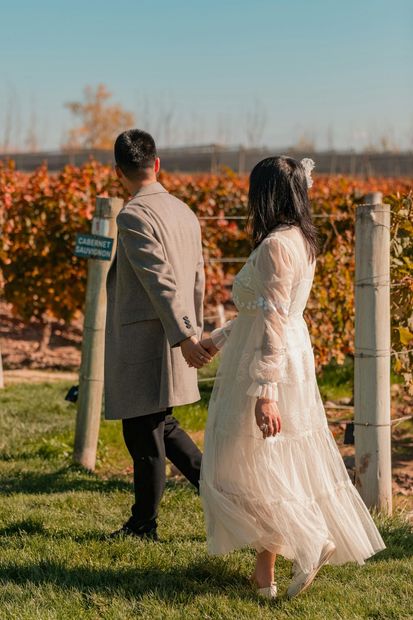 A bride and groom are walking through a vineyard holding hands.