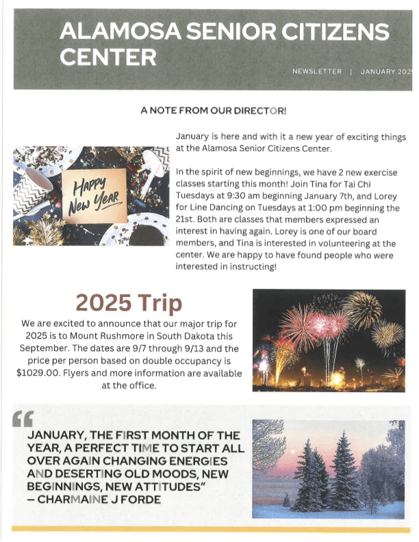 Newsletter for Alamosa Senior Citizens Center announcing new exercise classes and a 2025 trip.