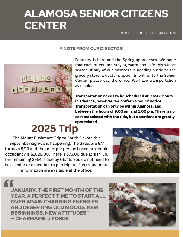 Newsletter for Alamosa Senior Citizens Center, featuring a travel notice, and a quote about starting the new year.