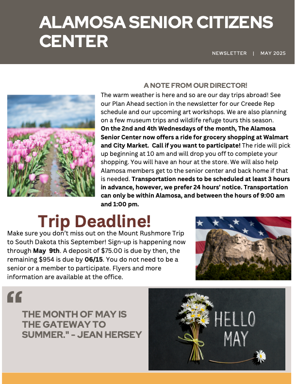 Newsletter for Alamosa Senior Citizens Center with details about trips and activities.