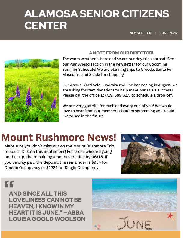 Newsletter for Alamosa Senior Citizens Center with a photo of Mount Rushmore.