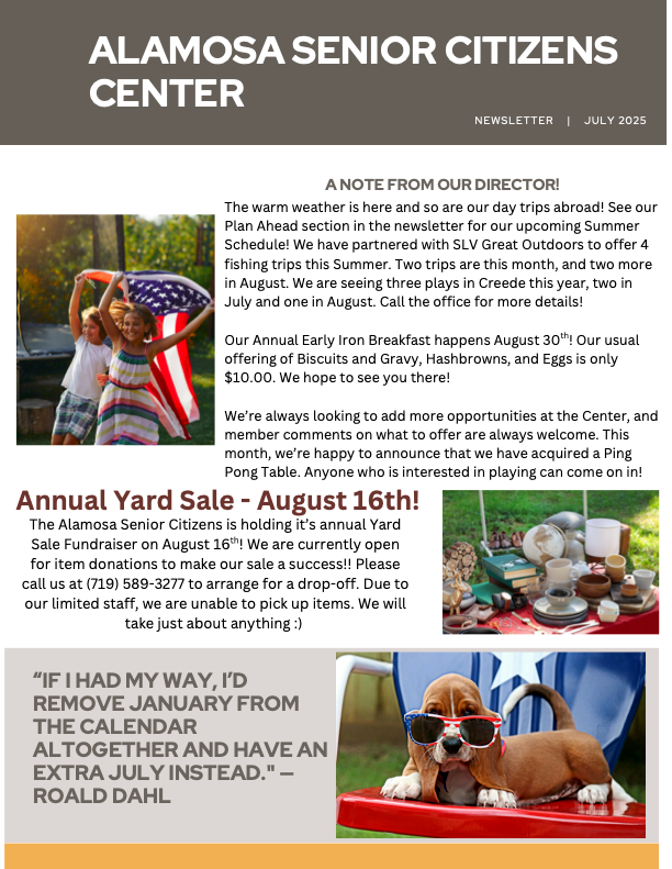 Newsletter from Alamosa Senior Citizens Center, with announcements for July.
