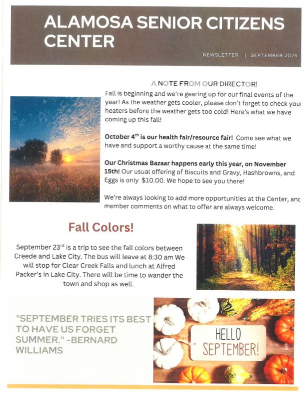 Newsletter from Alamosa Senior Citizens Center: Autumn colors, upcoming events, and director's note.