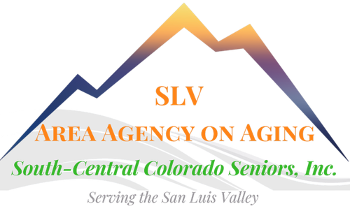 Logo for SLV Area Agency on Aging, in the shape of a mountain with text: