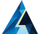 Blue and white geometric triangle with a lightning bolt.