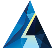 Blue and white geometric triangle with a lightning bolt.
