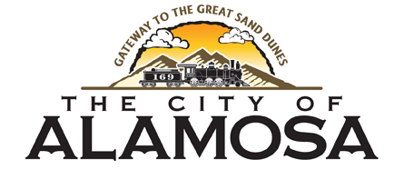 City of Alamosa logo: train in front of mountains and sun, with text