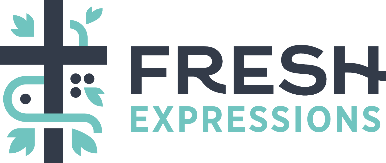 A logo for fresh expressions with a cross and leaves.