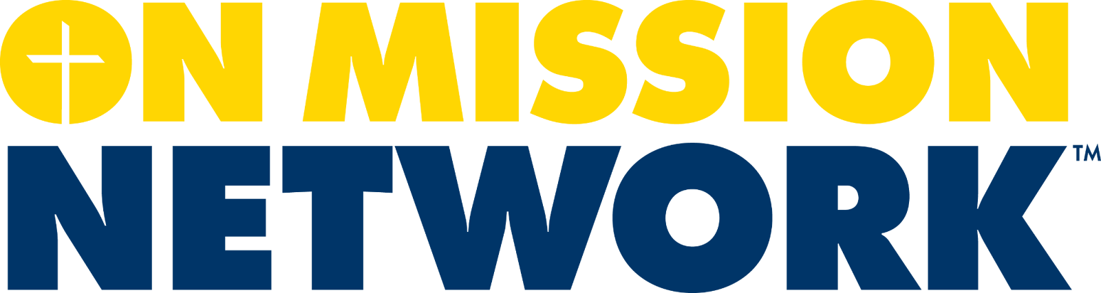 A blue and yellow logo for on mission network