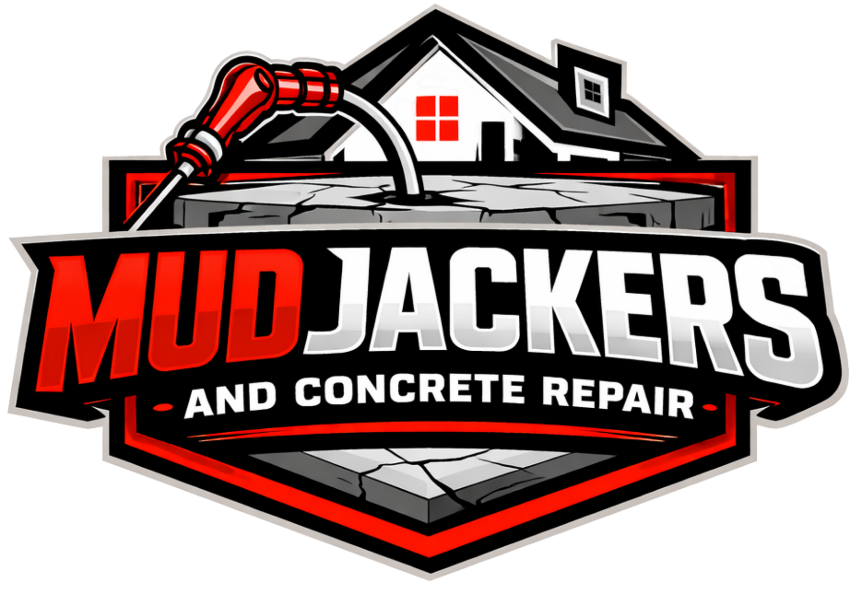 Mud Jackers logo with red jackhammer and house icon, text “Mud Jackers and Concrete Repair”