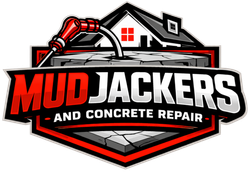 Mud Jackers logo with red jackhammer and house icon, text “Mud Jackers and Concrete Repair”