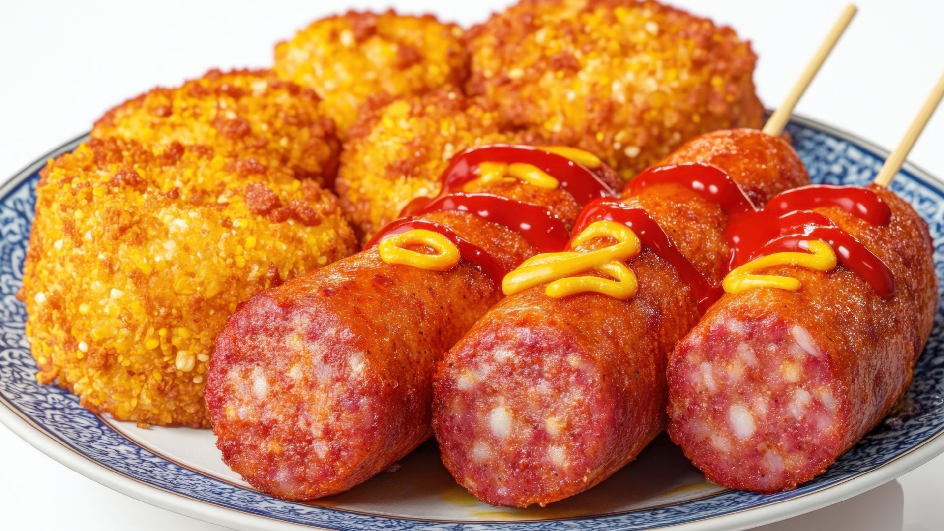Plate of corn dogs and fried potato balls, drizzled with ketchup and mustard.