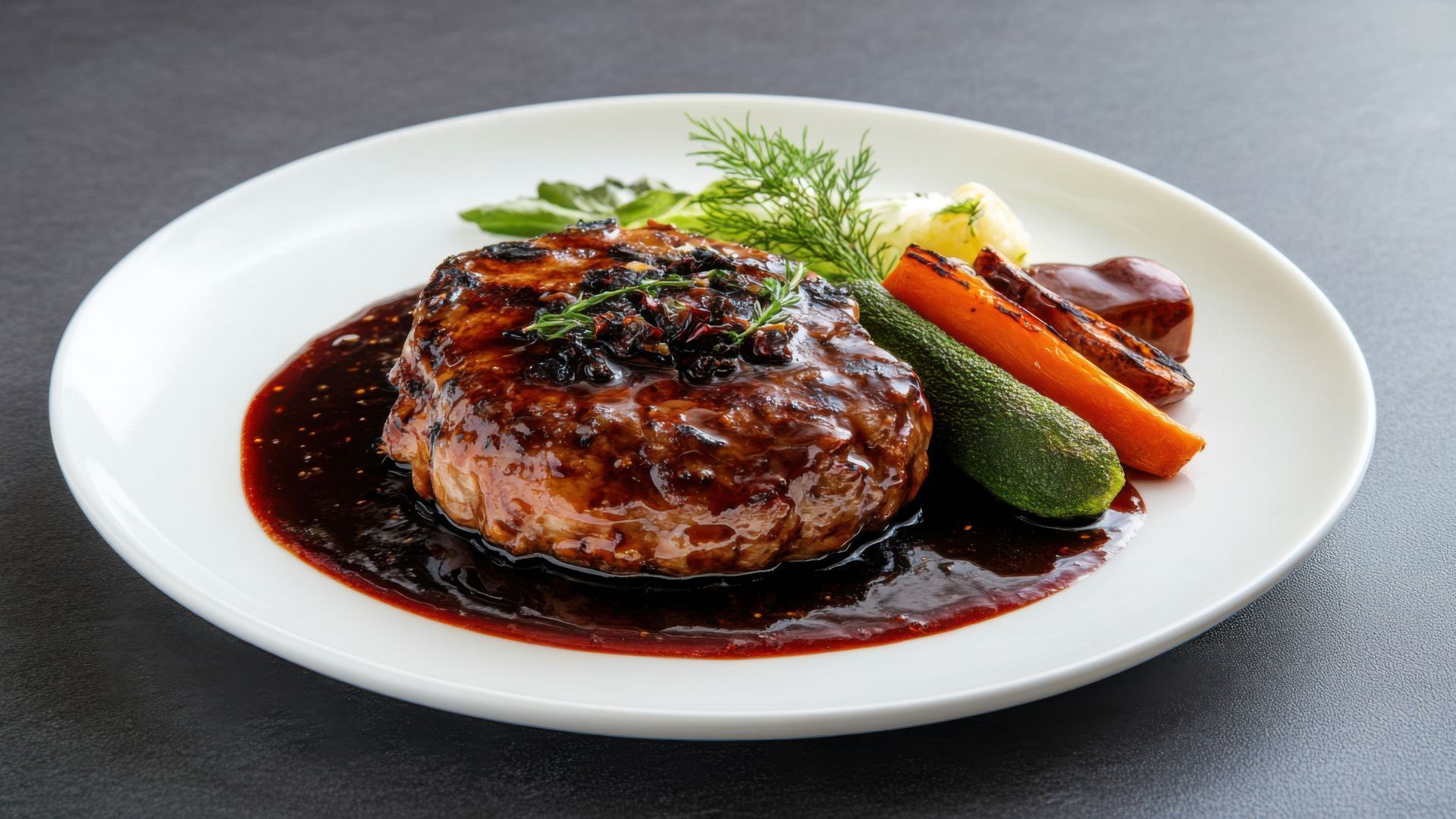 Hamburger steak with dark sauce, vegetables on white plate.