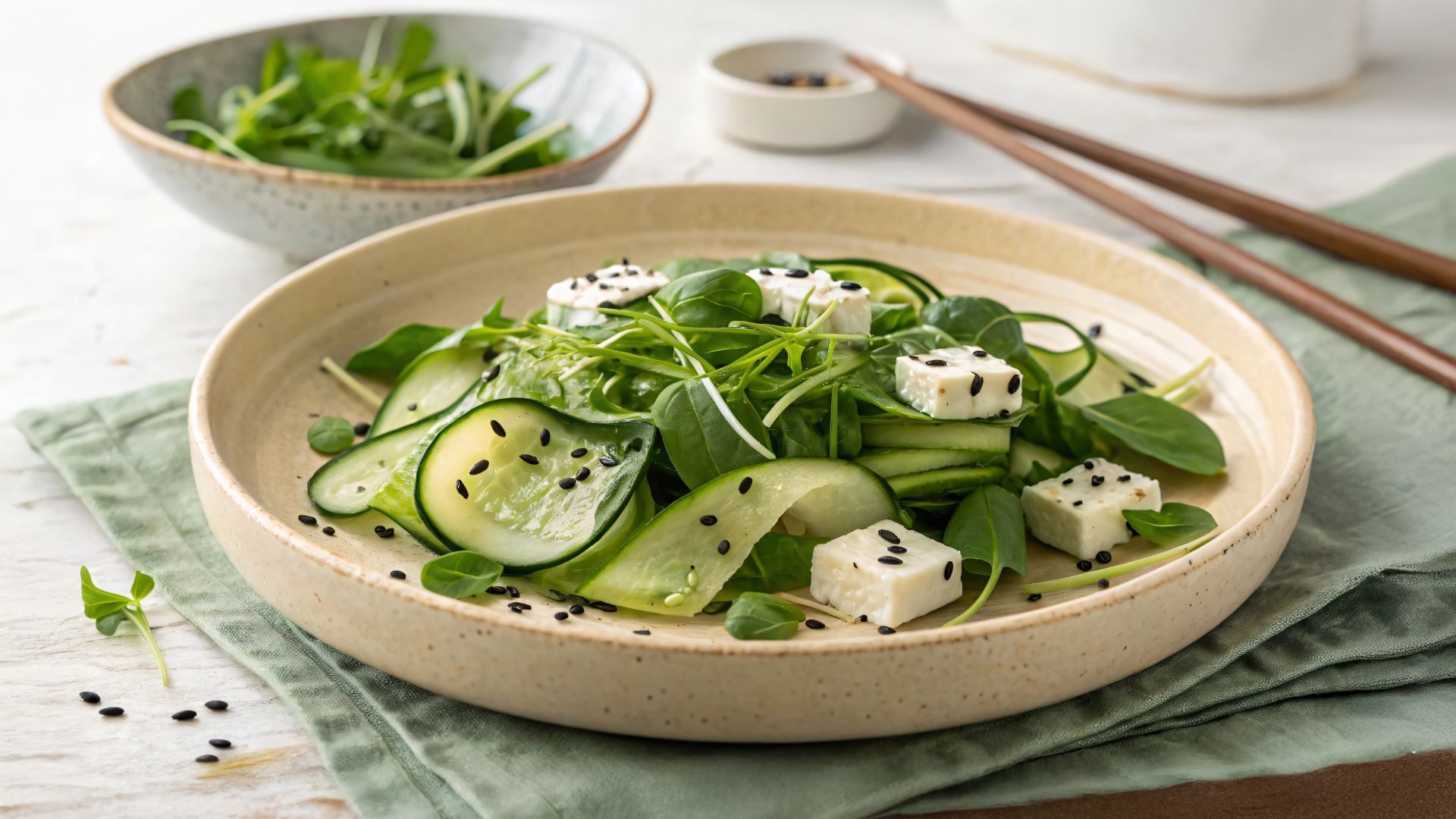 Salad with zucchini ribbons, tofu cubes, and arugula in a beige bowl; chopsticks and greens in background.