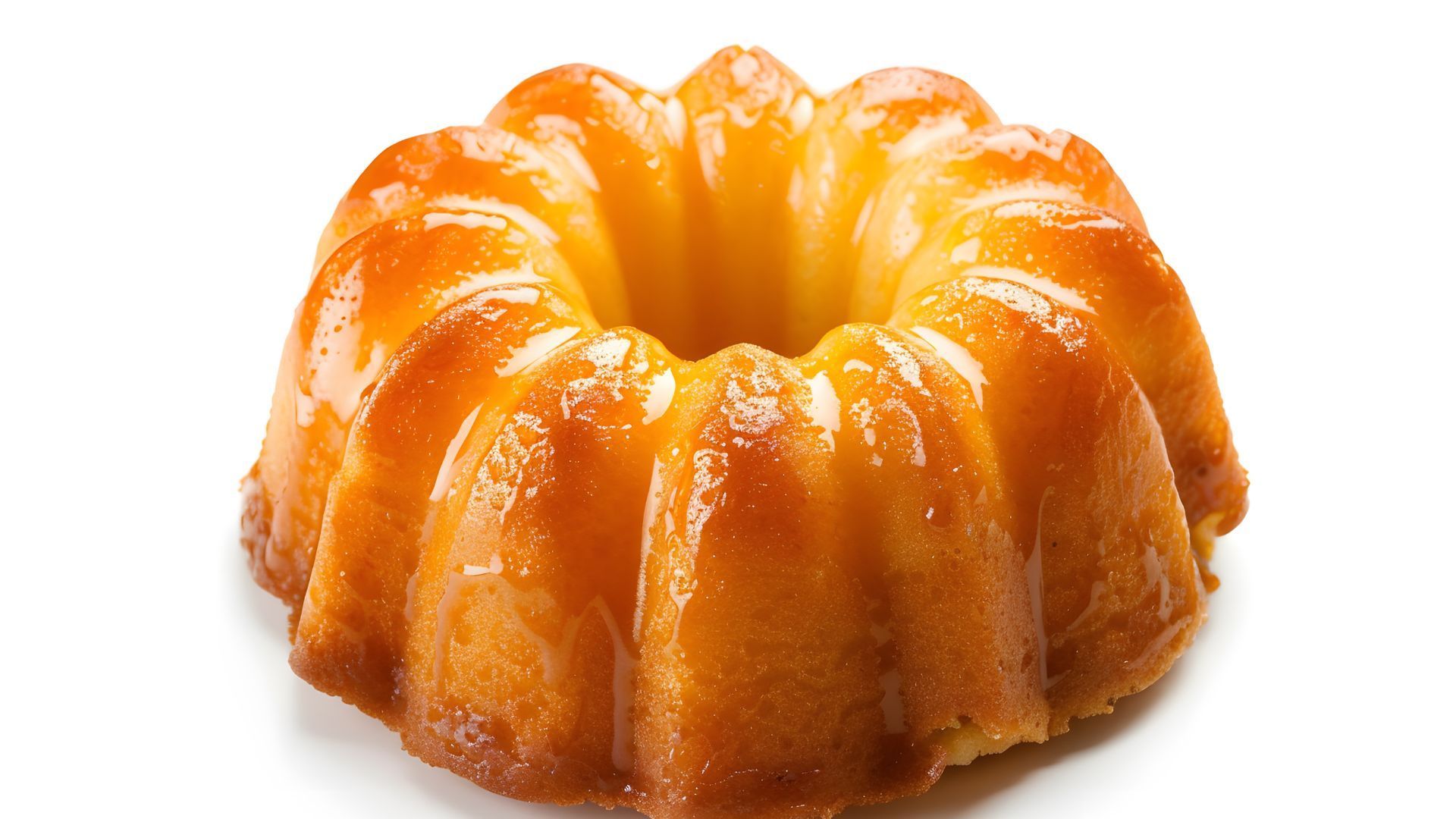 Bundt cake, golden brown, glazed, on white surface.