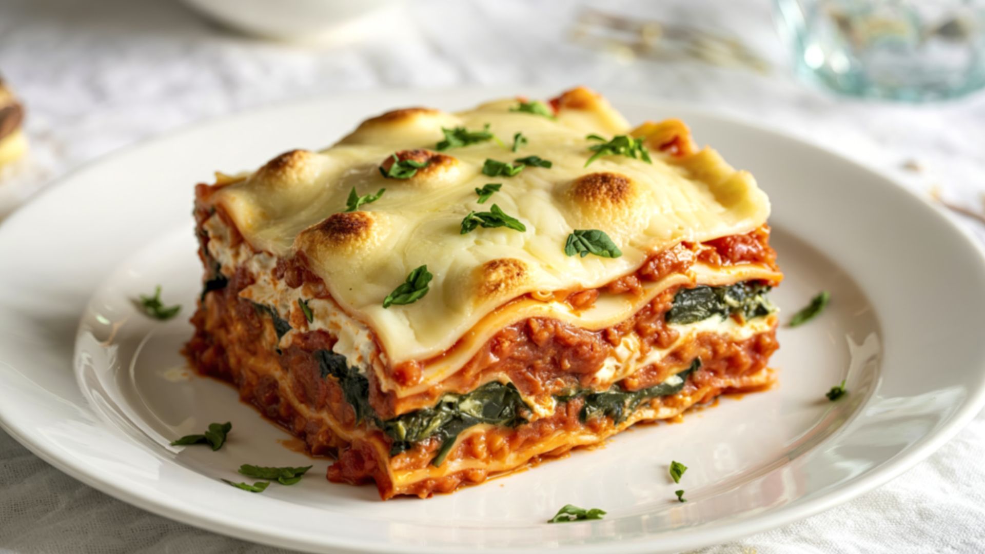 Lasagna on a white plate, layered with cheese, sauce, and spinach.