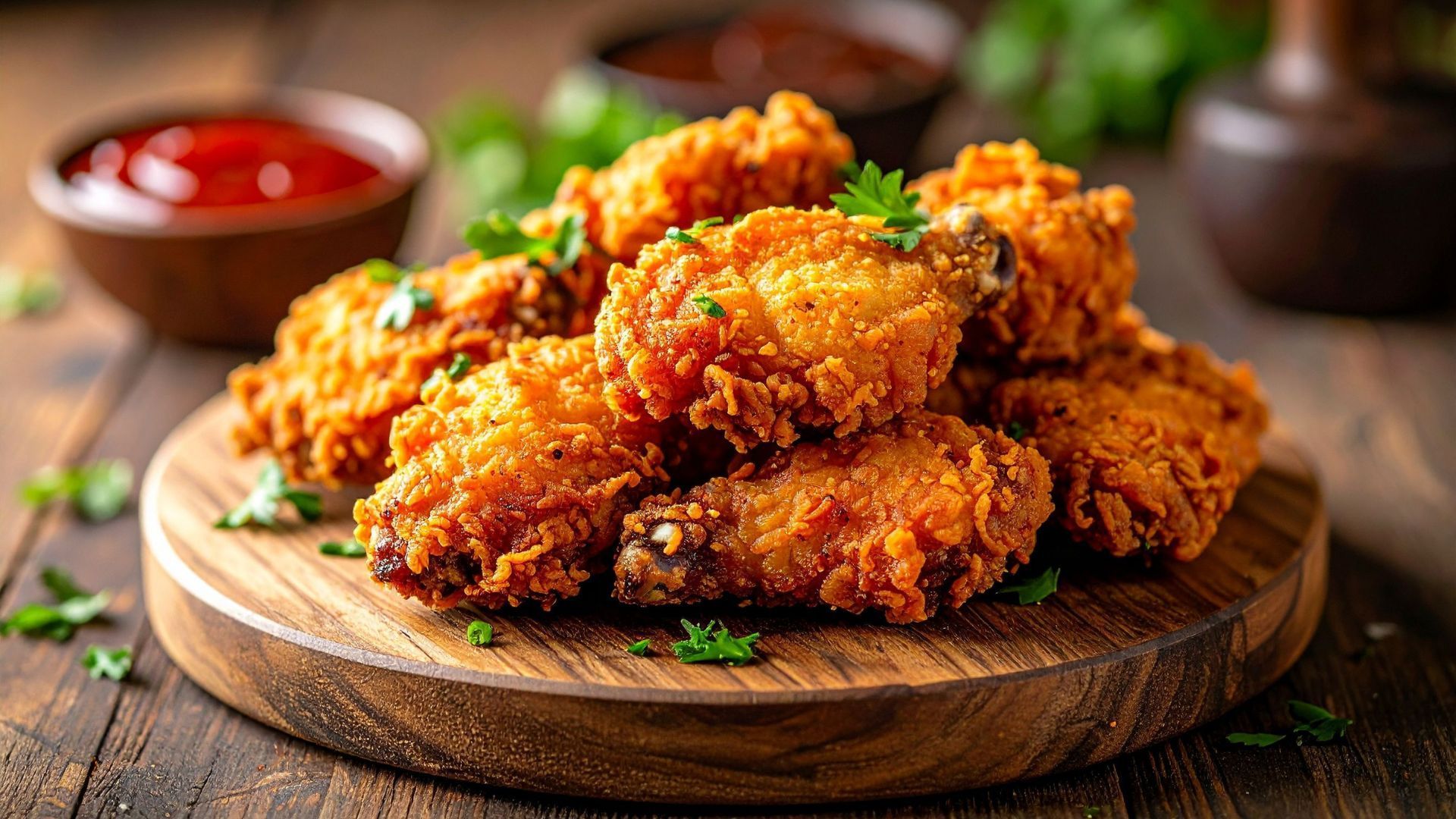 Golden fried chicken wings on a wooden board, with sauces and parsley garnish.