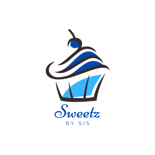The logo for sweetz by sis shows a cupcake with blue frosting and a cherry on top.