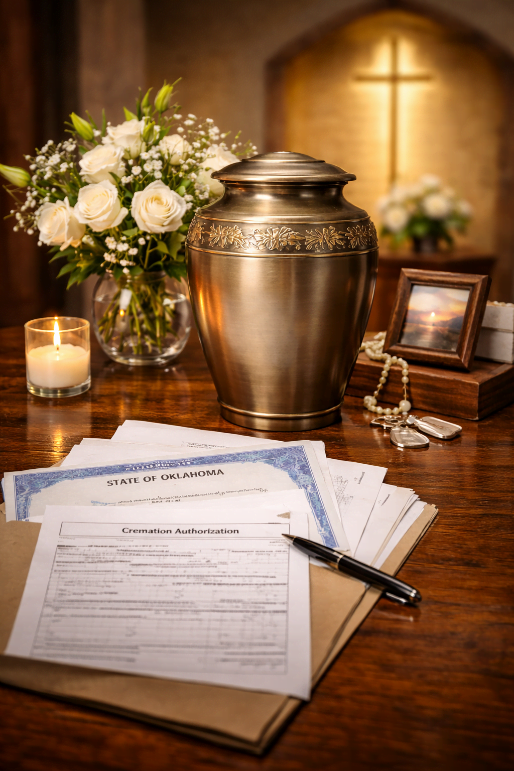 Bronze cremation urn displayed on a wooden table beside white flowers
