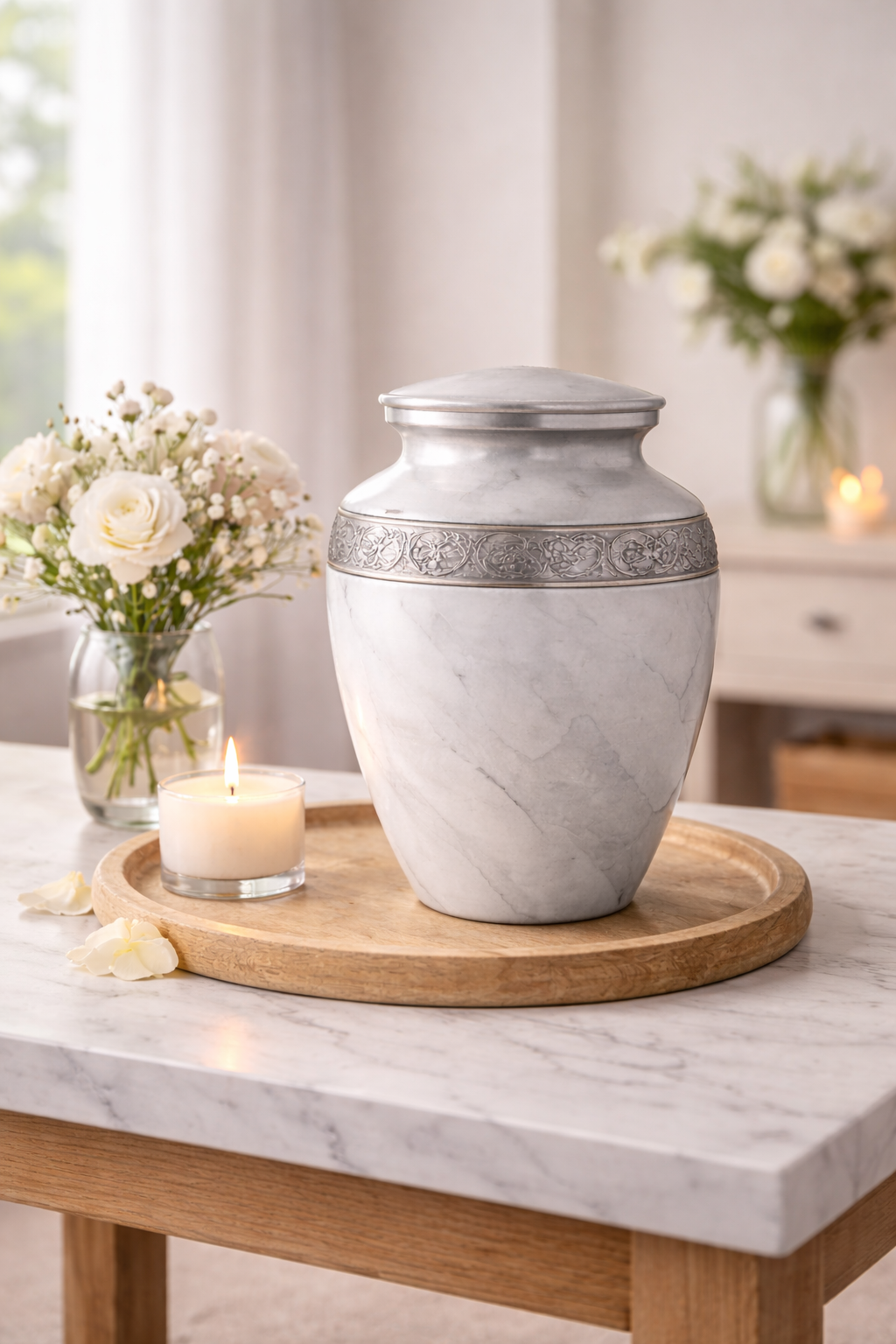 Elegant marble urn in serene setting in Sand Springs, OK