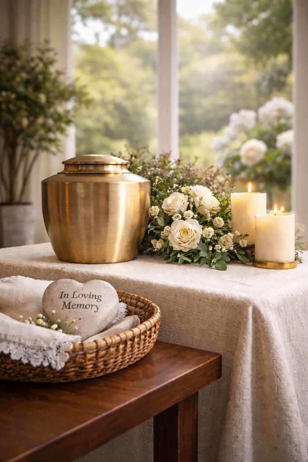 Serene cremation memorial display with urn, candles, and flowers in Broken Arrow, OK