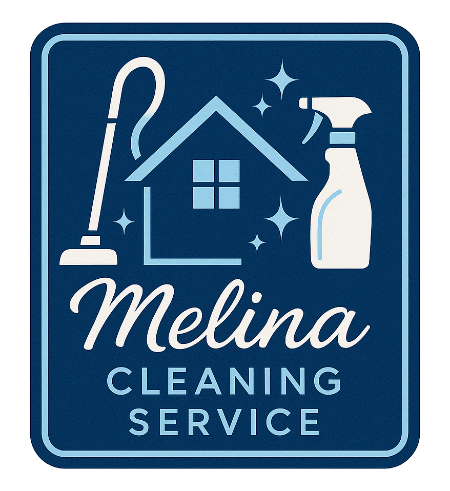 Melina Cleaning Service logo: house, vacuum, spray bottle, sparkles on a dark blue square.