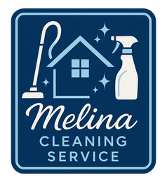 Melina Cleaning Service logo: house, vacuum, spray bottle, sparkles on a dark blue square.
