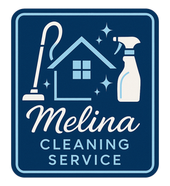 Melina Cleaning Service logo: house, vacuum, spray bottle, sparkles on a dark blue square.