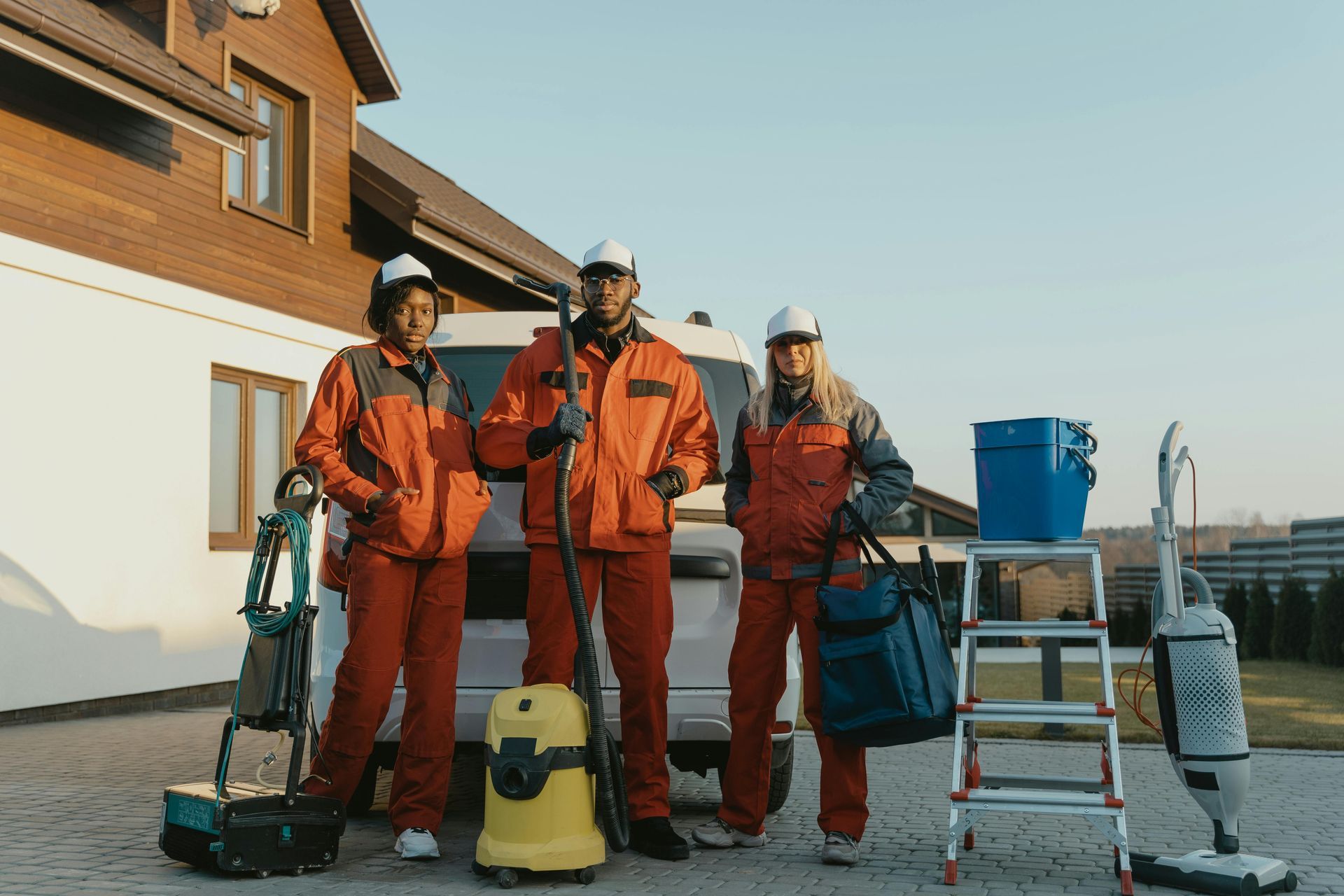 Three cleaning professionals posing with equipment outside a house; orange uniforms, smiling, sunny day.