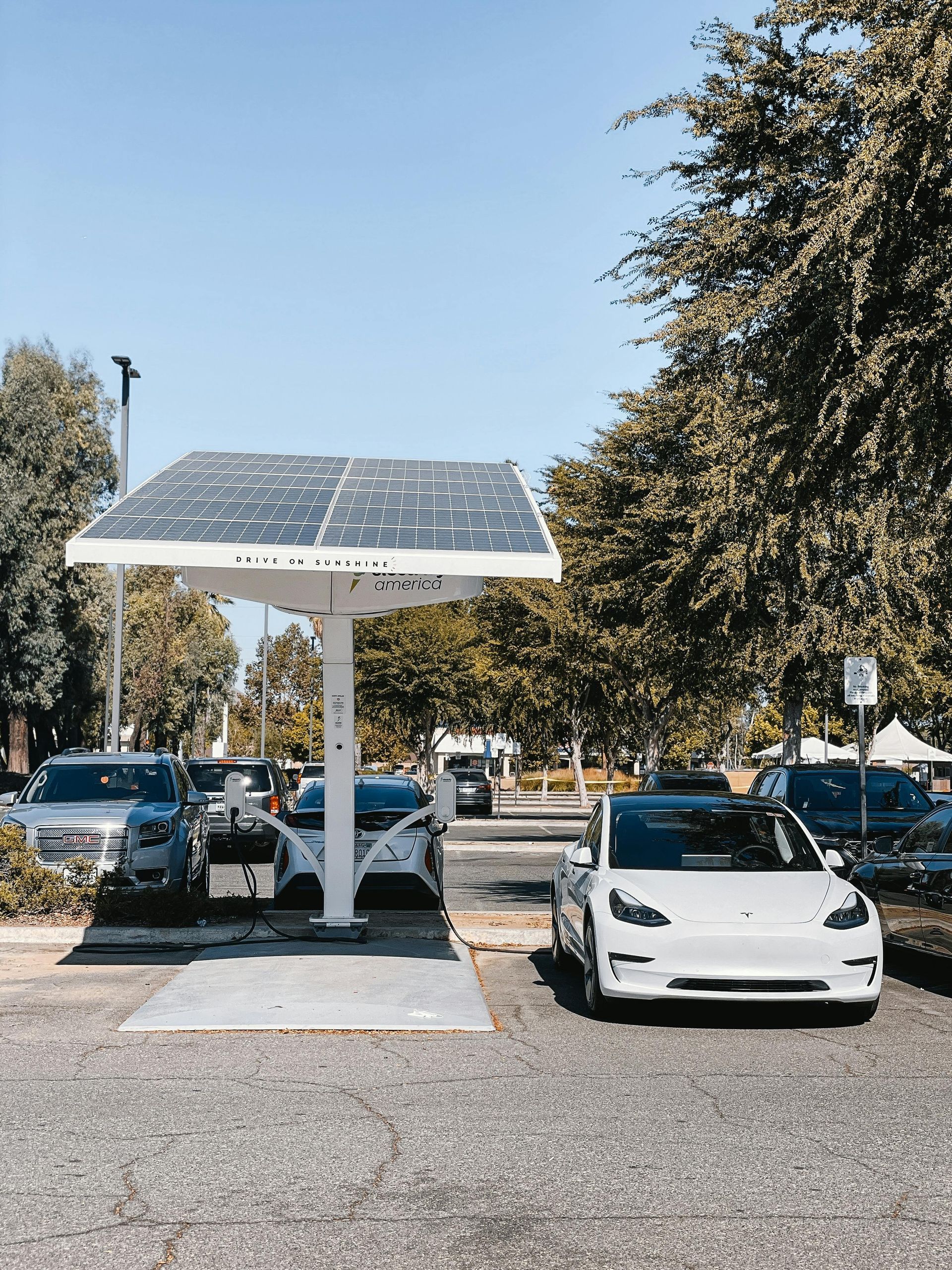 Tesla cars charging at a solar-powered station in a sunny parking lot.